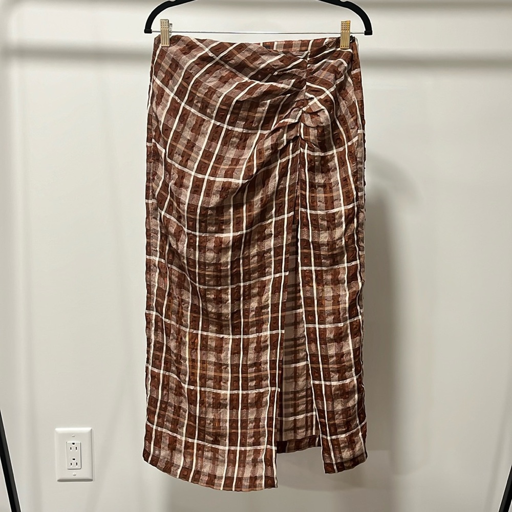 ZARA  brown plaid slit midi skirt, size M, good condition.